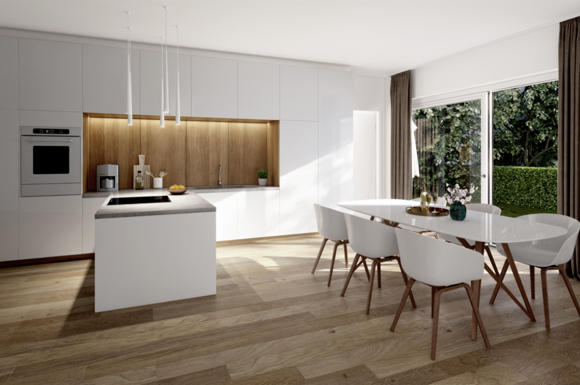 Helle moderne Kueche mit Essbereich