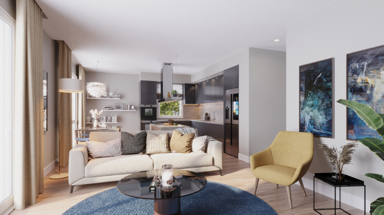 Wohnzimmer mit offener Kueche und moderner Einrichtung